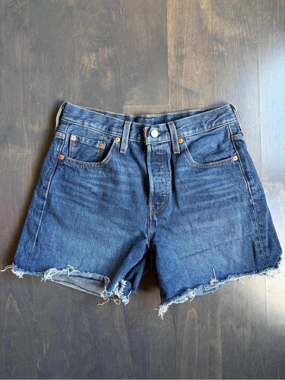 Levi's Dark Blue Frayed Hem Jean Shorts Size 29